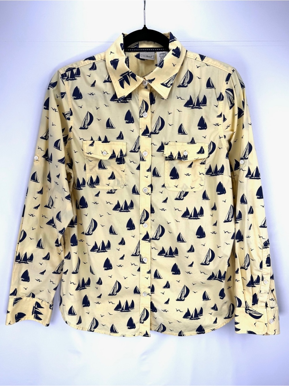 L.L. Bean Cream Button-Down Shirt with Navy Sailboat Print